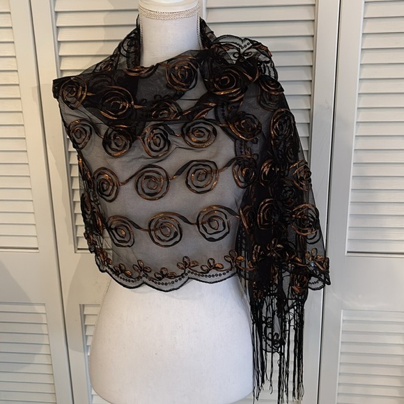 Black Sheer Shawl Wrap Bronze Appliqué Circular Pattern and Fringe Scarf 20x63” - Picture 6 of 12